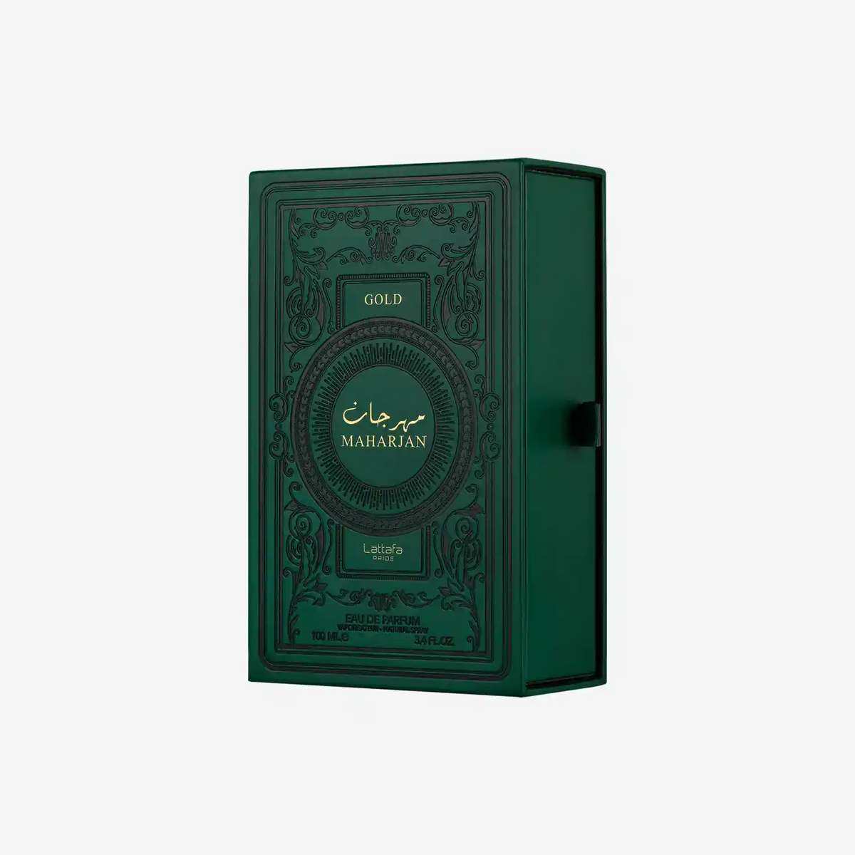Green box of Maharjan Gold Lattafa oriental perfume with gold embossed design