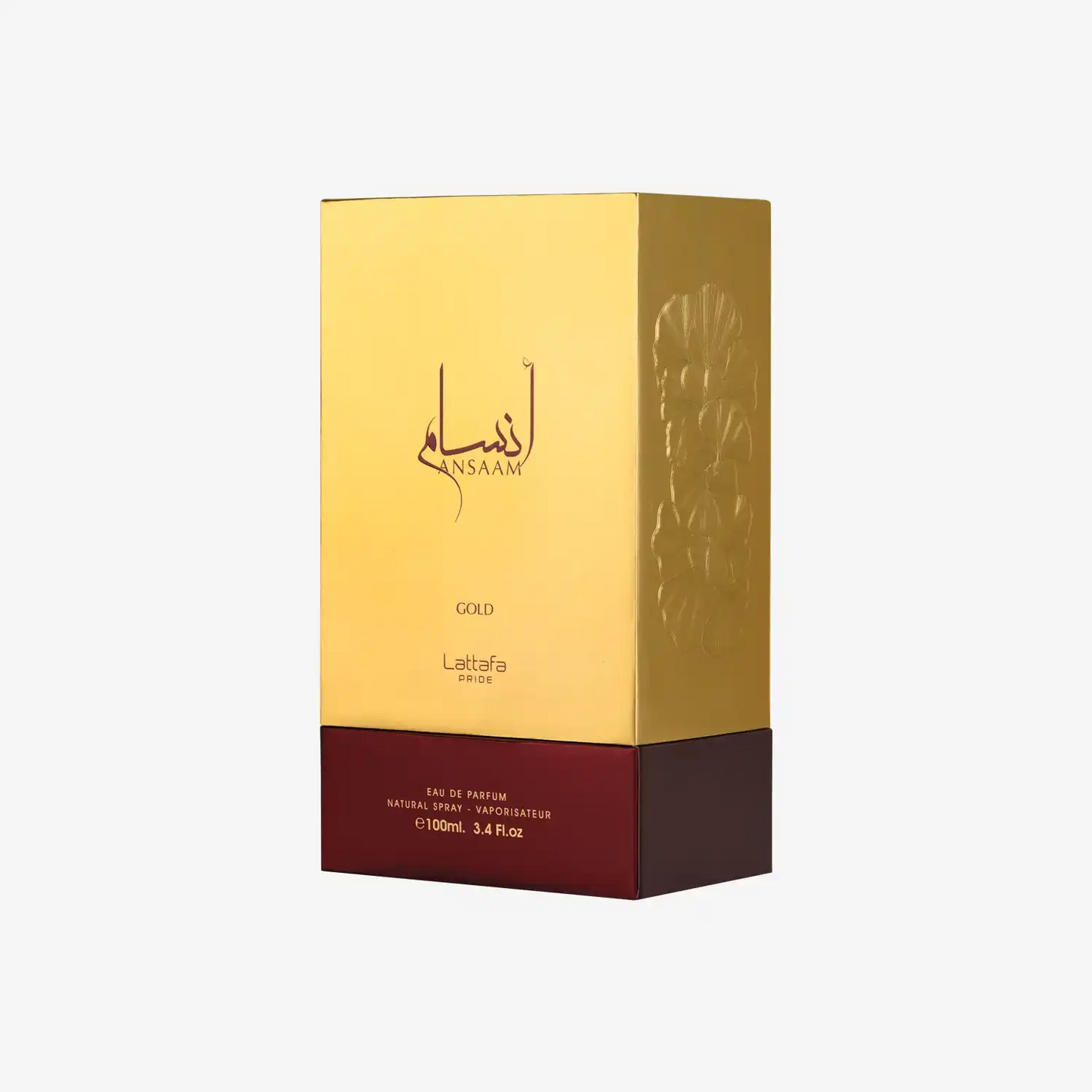 Lattafa Pride Ansaam Gold perfume box, gold and maroon, 100ml Eau de Parfum
