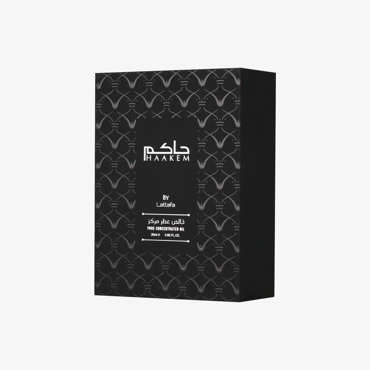 Lattafa Haakem pure concentrated oil box with elegant black geometric pattern