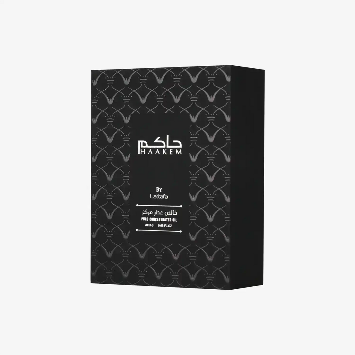 Lattafa Haakem pure concentrated oil box with elegant black geometric pattern