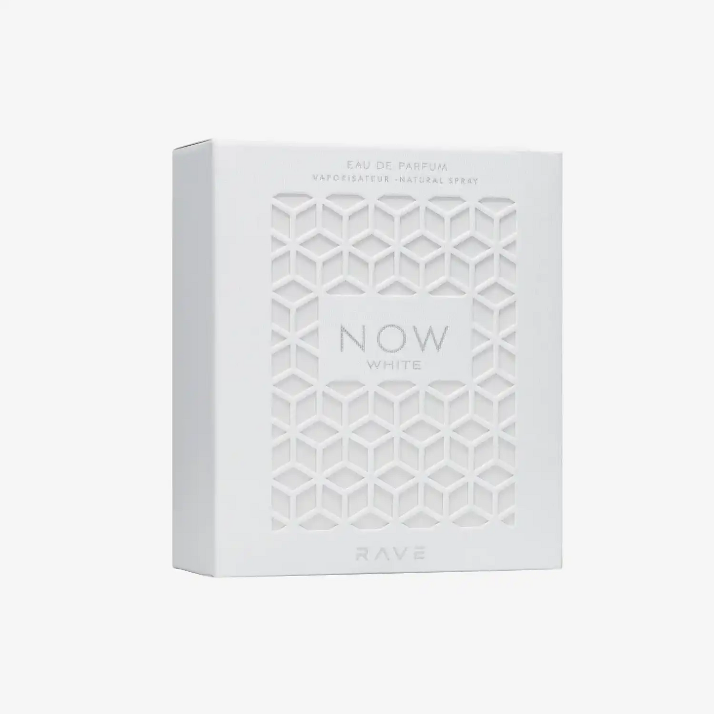 White perfume box with geometric pattern and Now White Eau de Parfum label