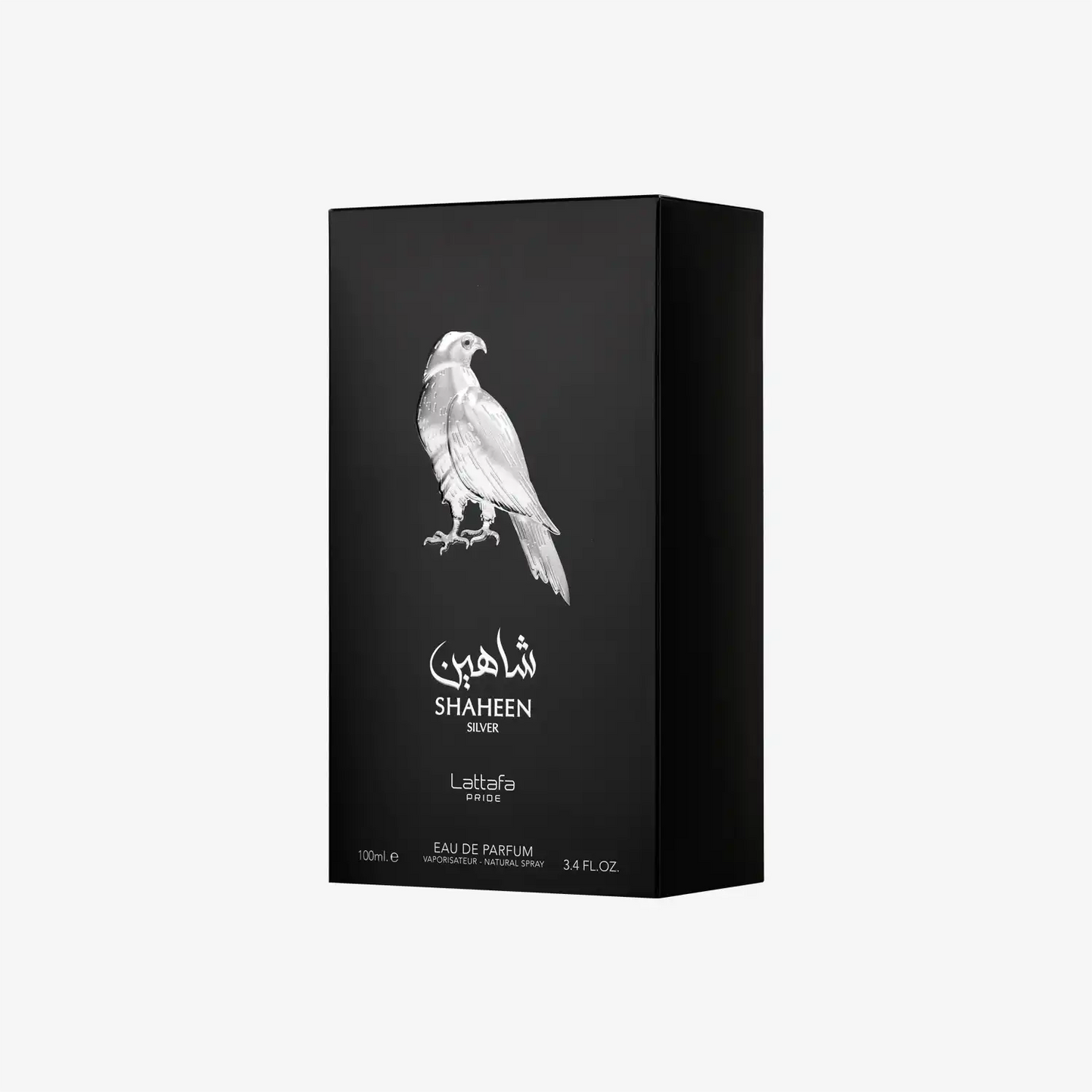 Shaheen Silver Eau de Parfum box with falcon illustration on black packaging