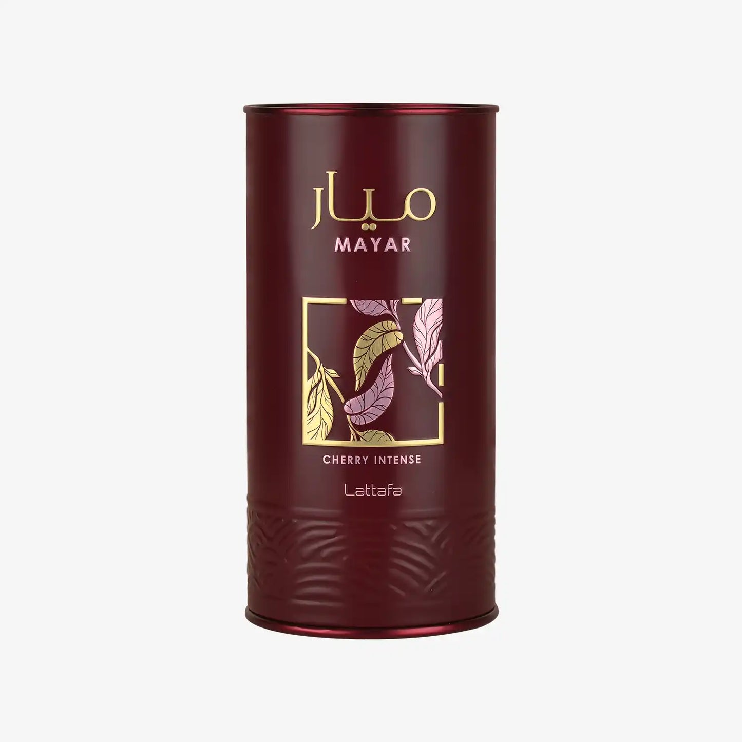 Mayar Cherry Intense Lattafa maroon cylindrical tin with gold leaf design