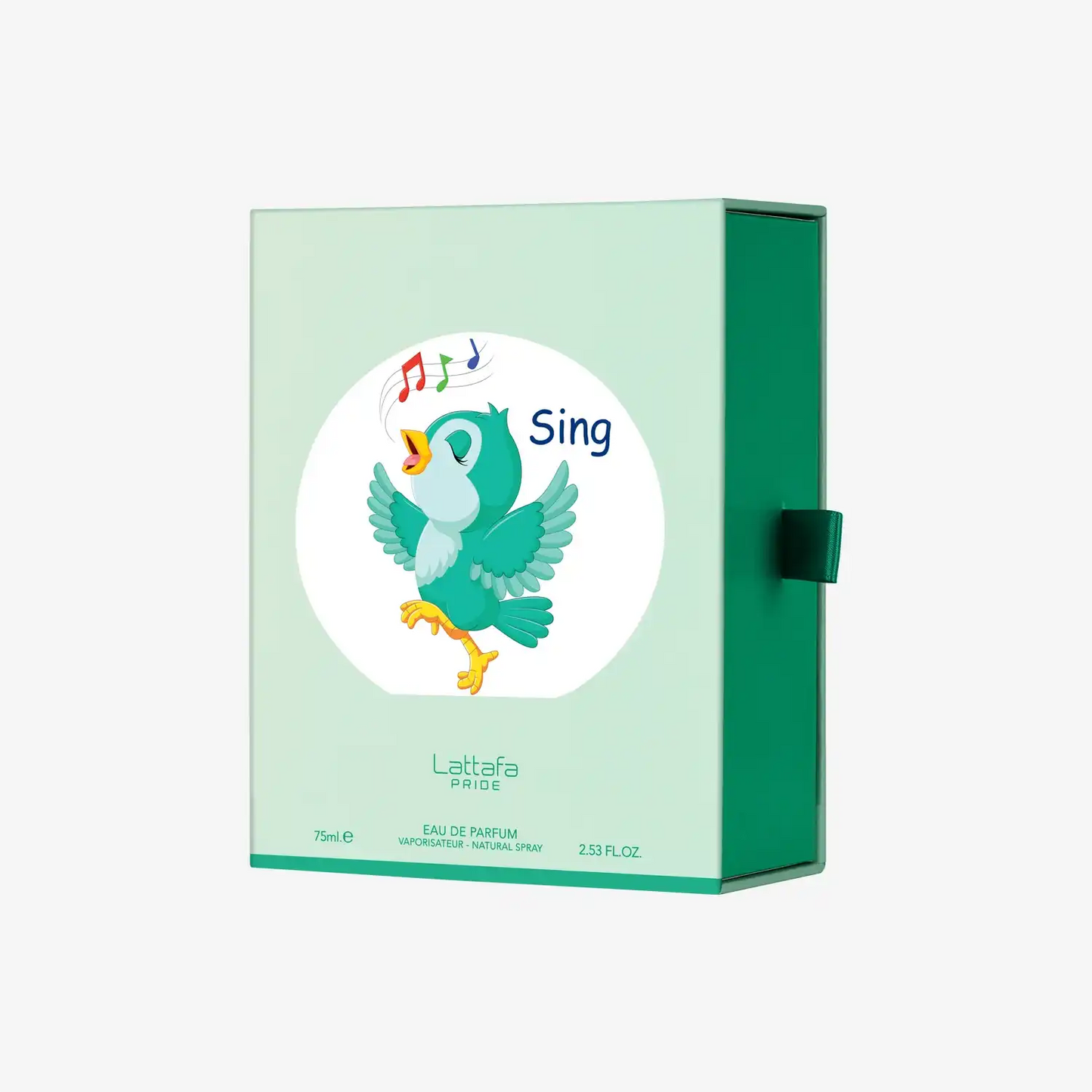Mint green Lattafa Pride Sing perfume box with cartoon singing bird and musical notes