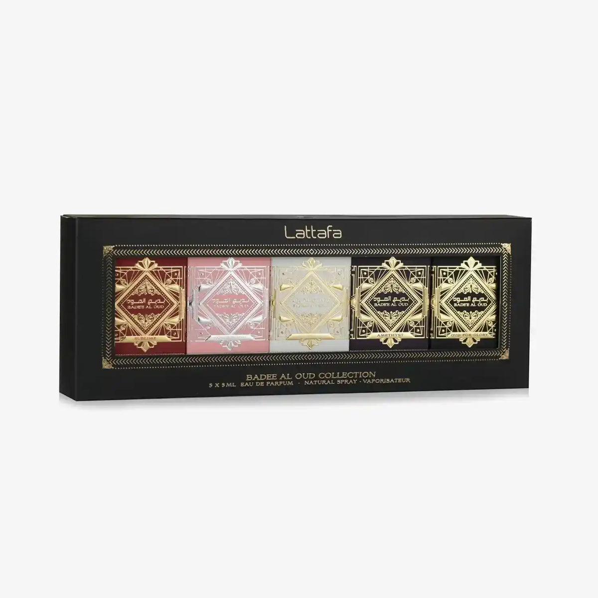Lattafa Badee Al Oud Collection gift set with five Middle Eastern eau de parfum mini bottles