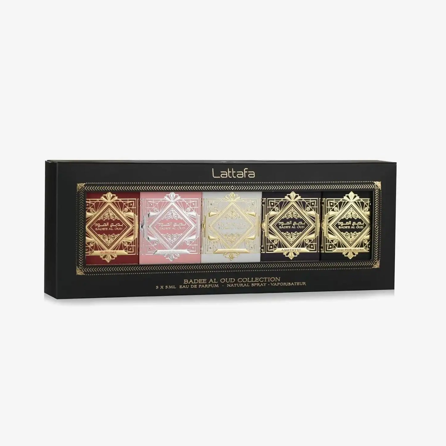 Lattafa Badee Al Oud Collection gift set with five Middle Eastern eau de parfum mini bottles