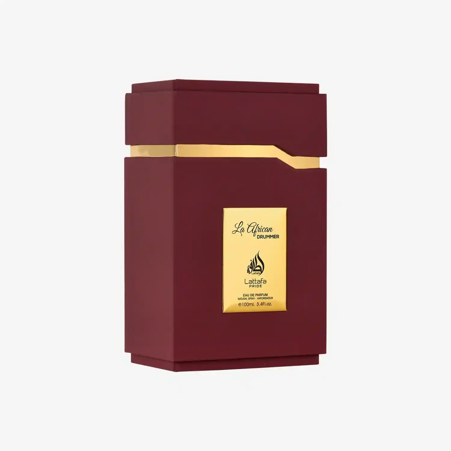 Lattafa La African Drummer perfume bottle, maroon with gold label, luxury fragrance
