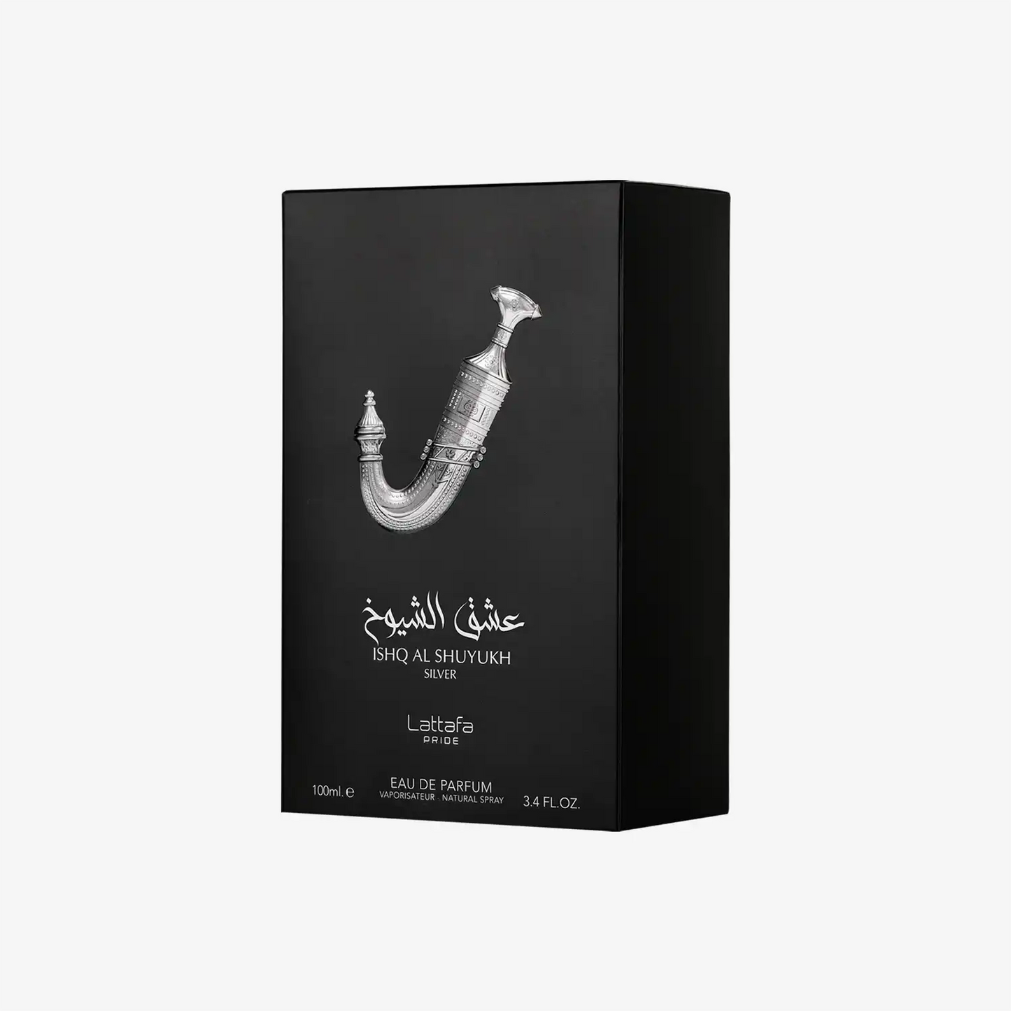 Ishq Al Shuyukh Silver Eau de Parfum box with Middle Eastern dagger design, 100ml.