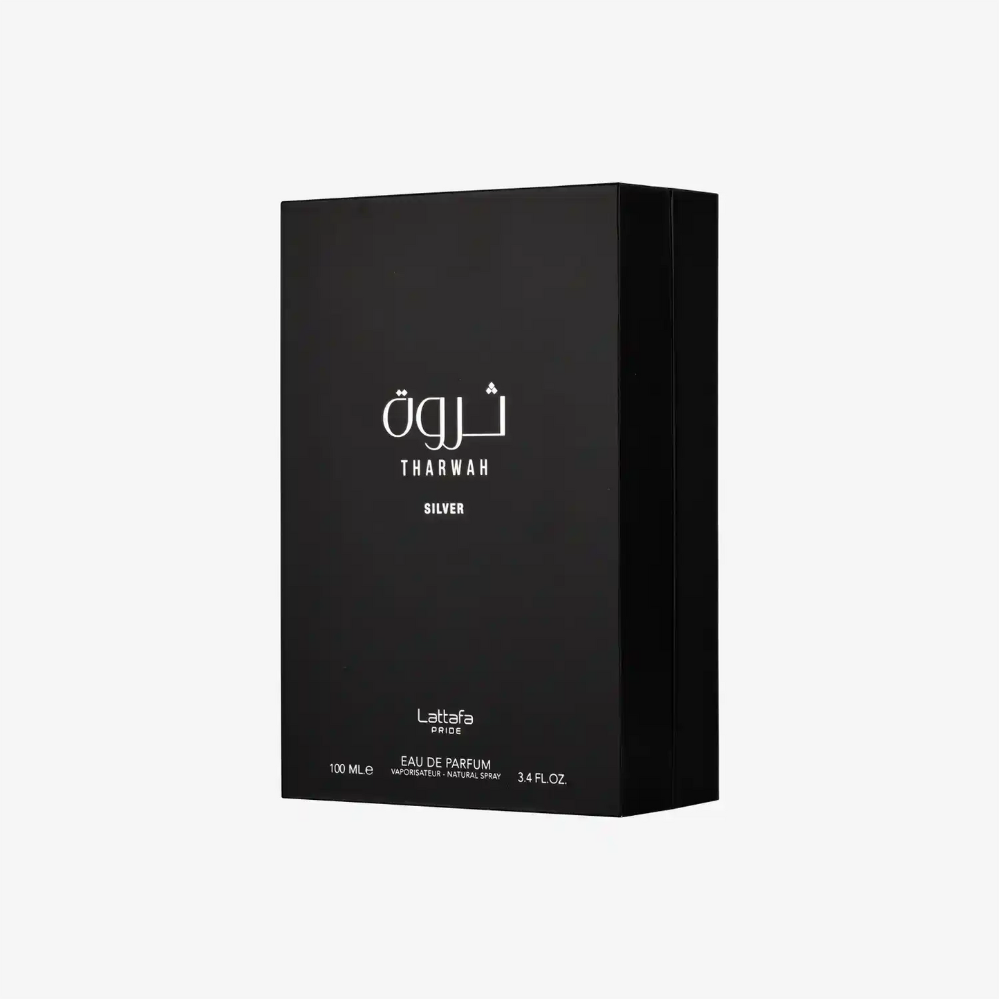 Tharwah Silver eau de parfum 100ml black box with Arabic and English text, Lattafa Pride fragrance