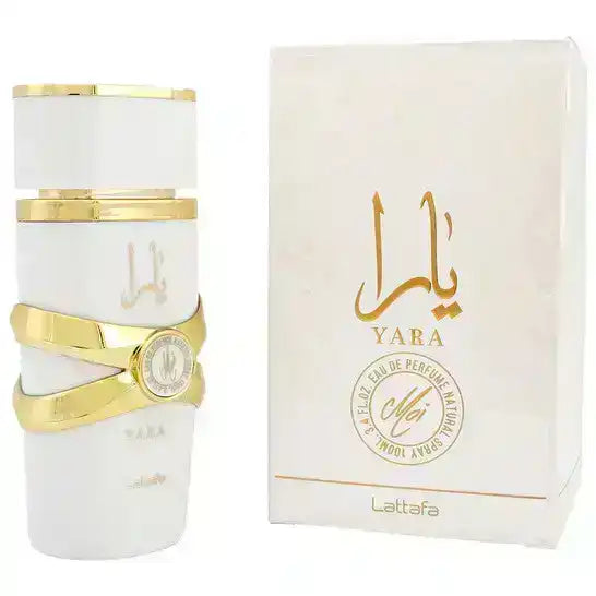 Yara Lattafa perfume bottle and box with gold Arabic lettering, luxury fragrance product