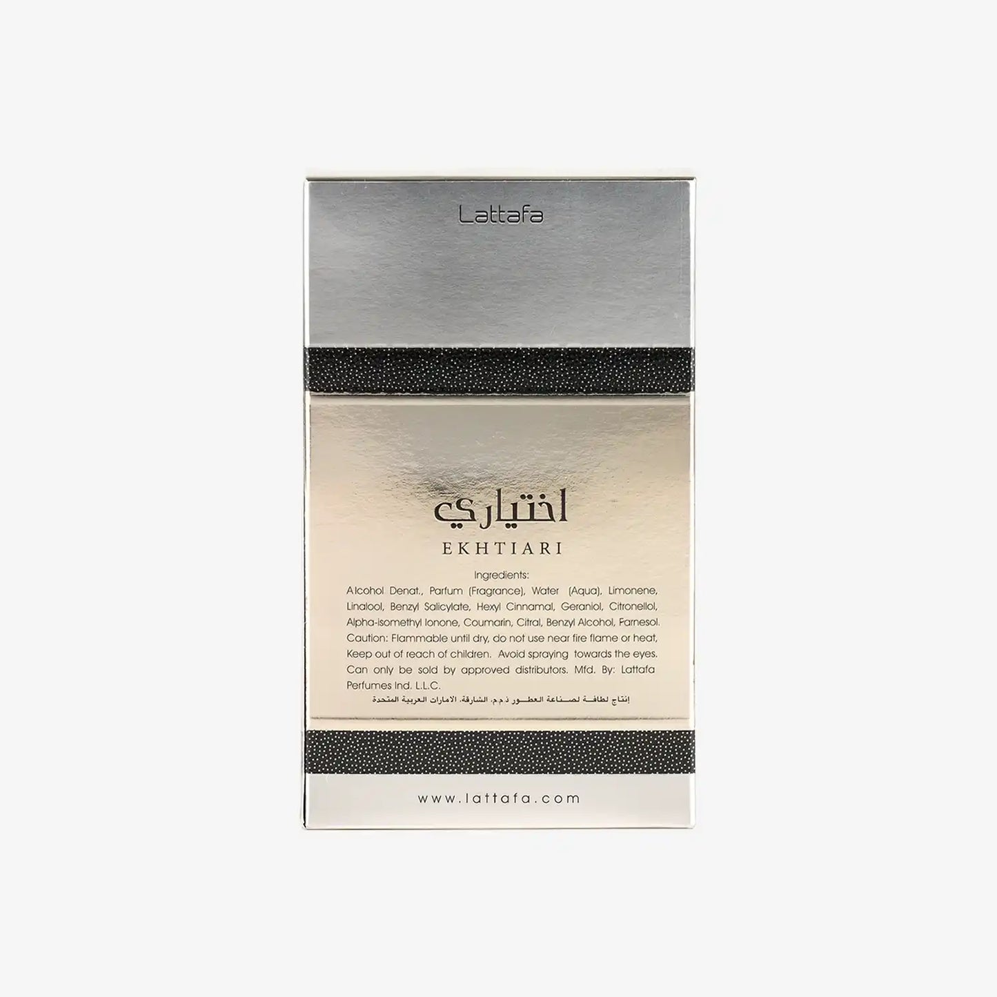 Lattafa Ekhtiari perfume box with silver and black detailing and ingredients list