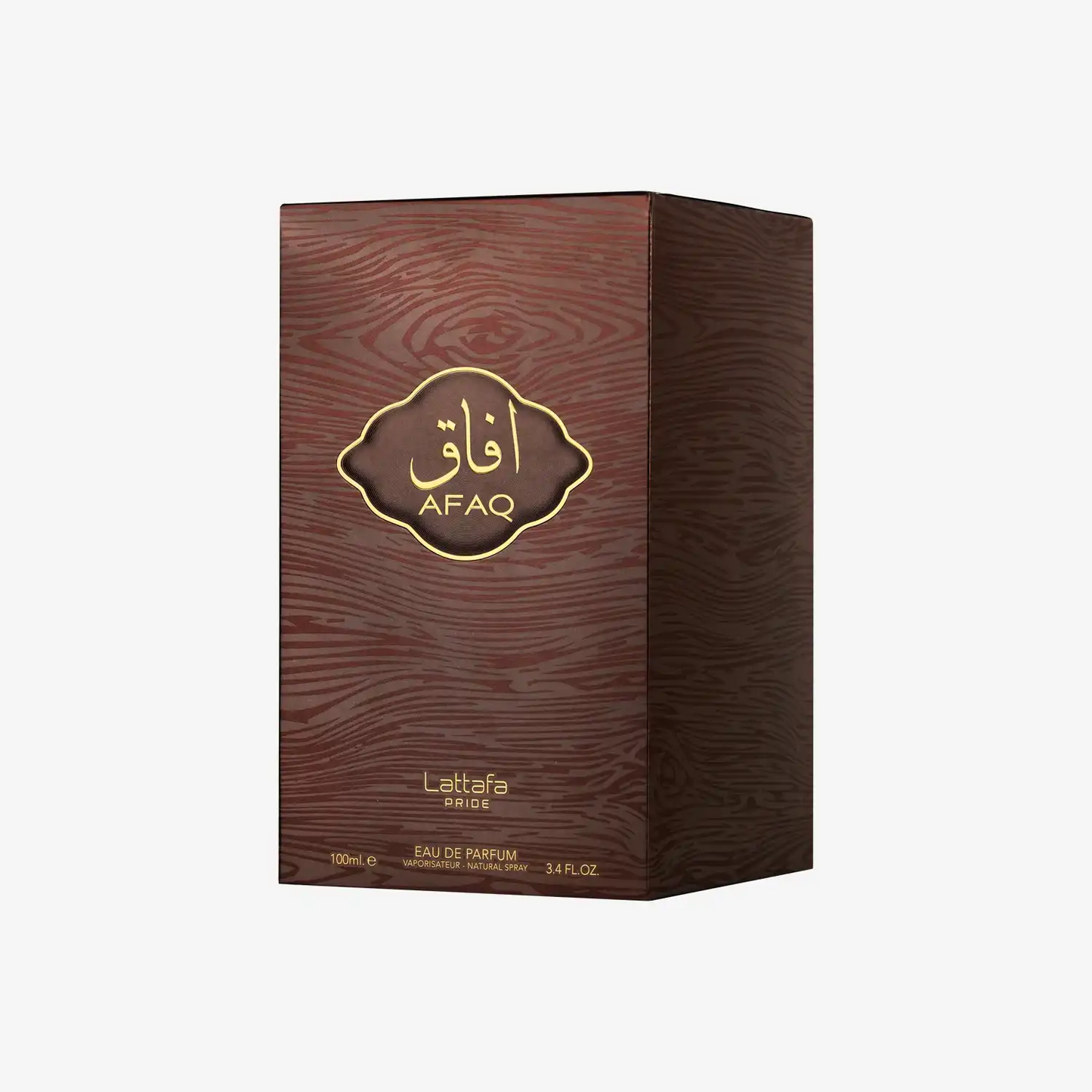Lattafa Pride Afaq perfume box with wood grain design and gold Arabic accents