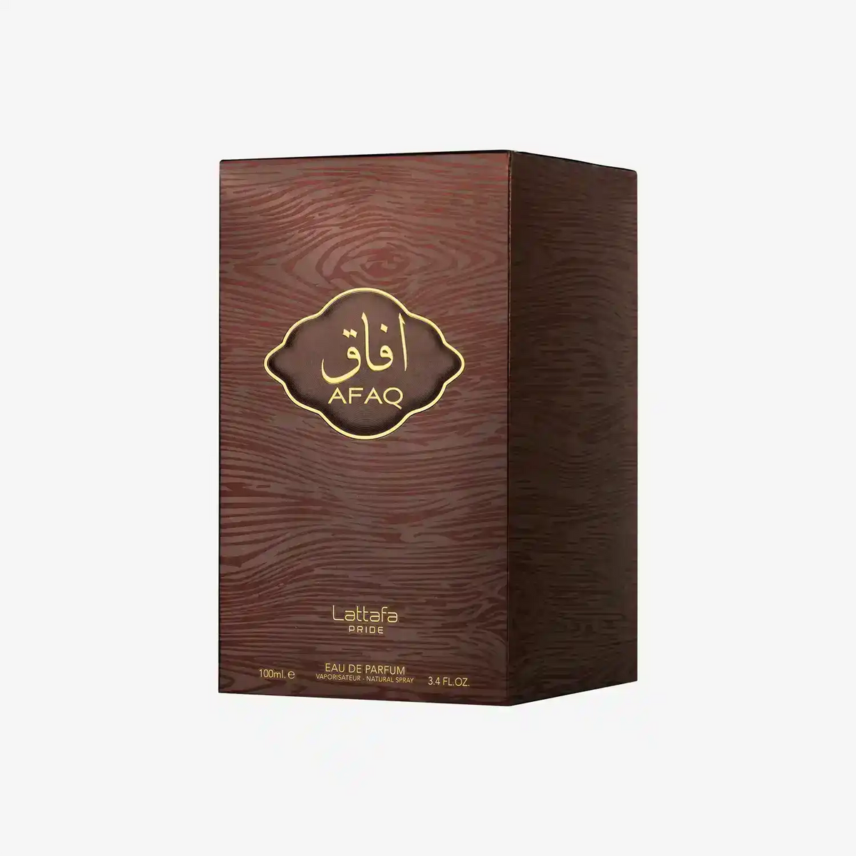 Lattafa Pride Afaq perfume box with wood grain design and gold Arabic accents