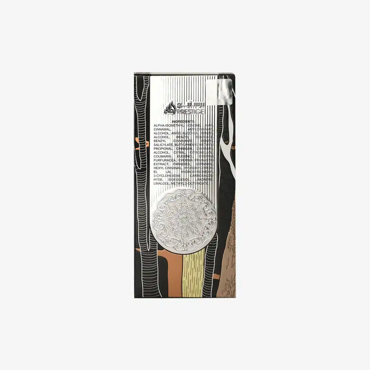 Middle Eastern perfume box with abstract design, ingredient list, and embossed silver medallion