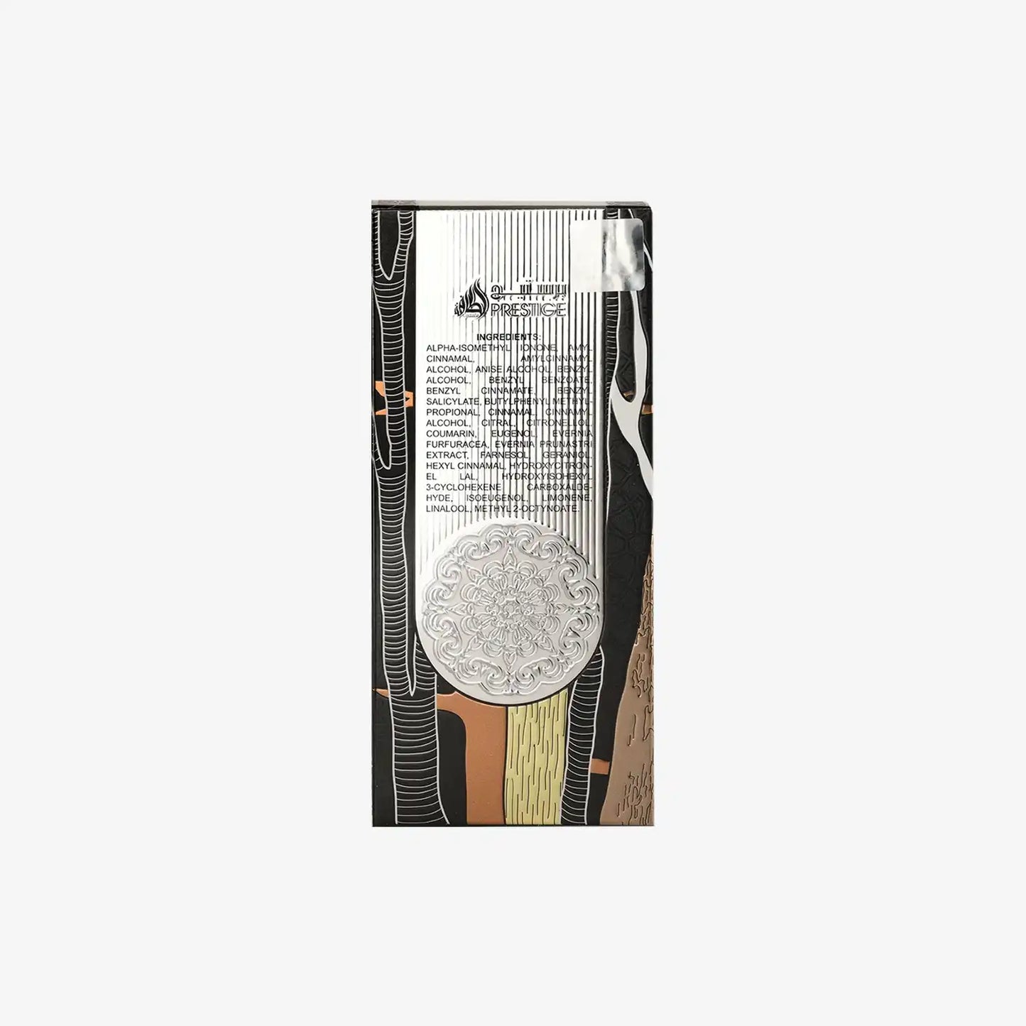 Middle Eastern perfume box with abstract design, ingredient list, and embossed silver medallion