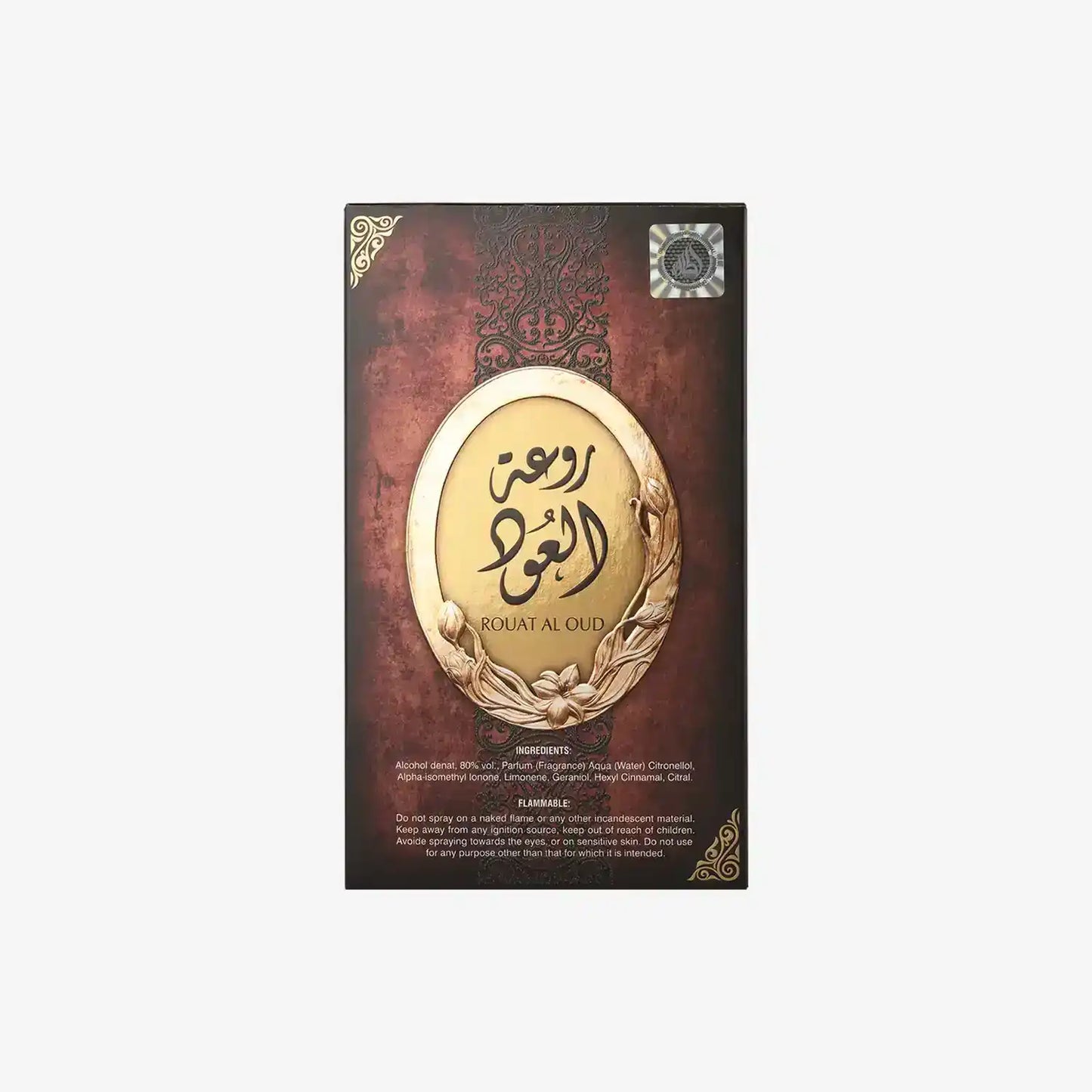 Rouat Al Oud perfume box with ornate gold and maroon Middle Eastern design