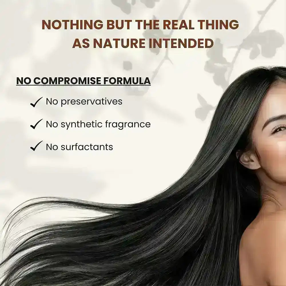 Woman with long black hair promoting natural hair care product, text lists no preservatives, no synthetic fragrance, no surfactants.