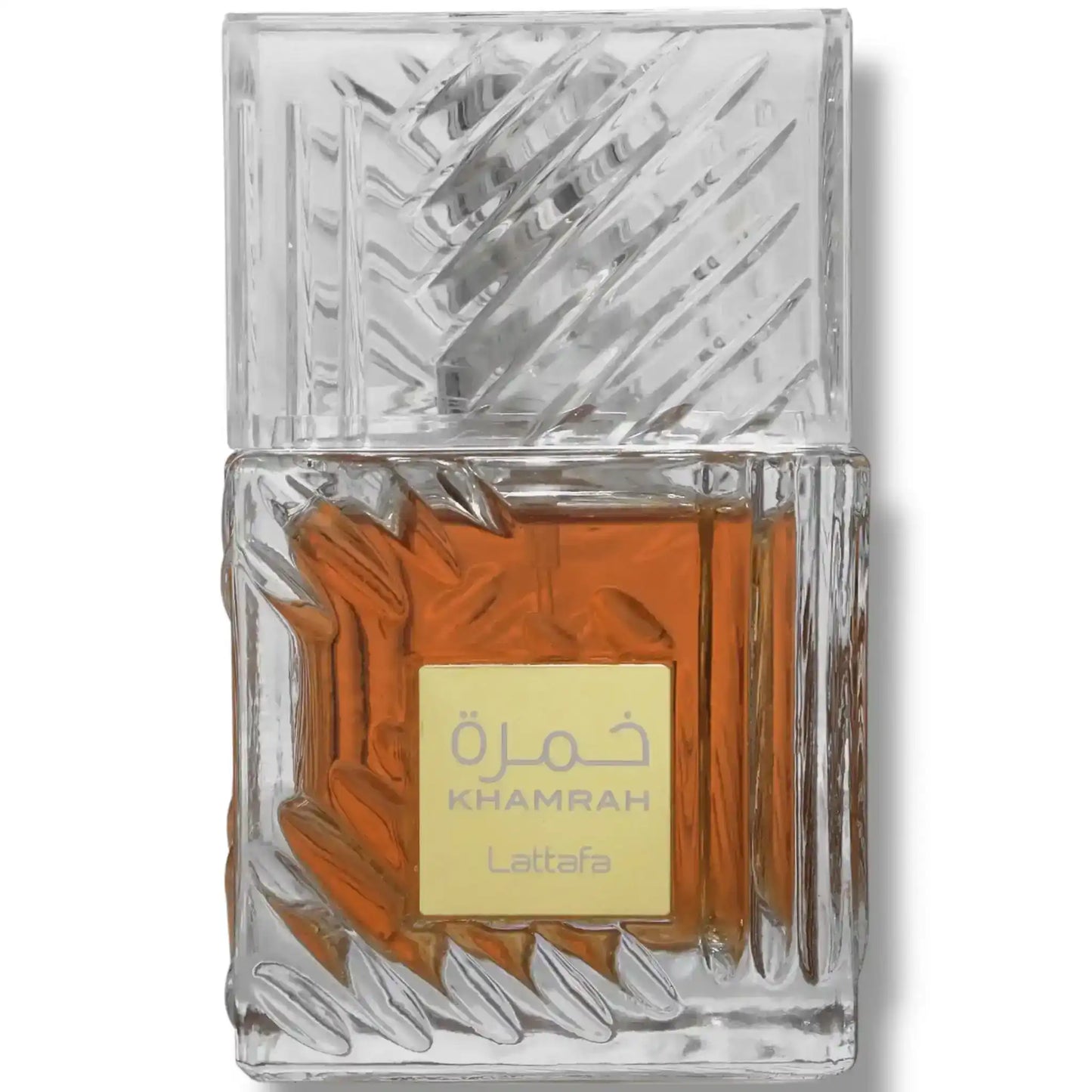 Lattafa Khamrah perfume bottle with amber liquid in textured clear glass container