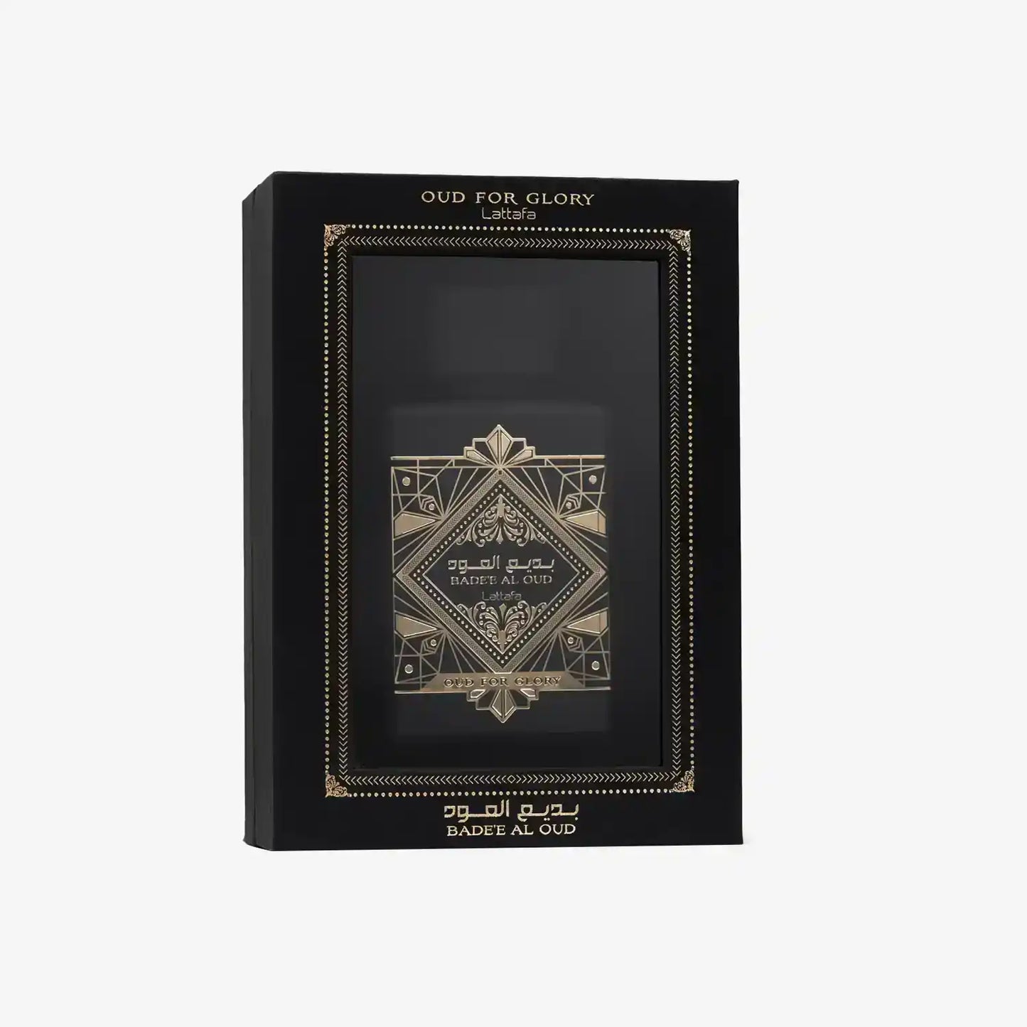 Luxury Oud for Glory perfume by Lattafa in elegant black and gold packaging