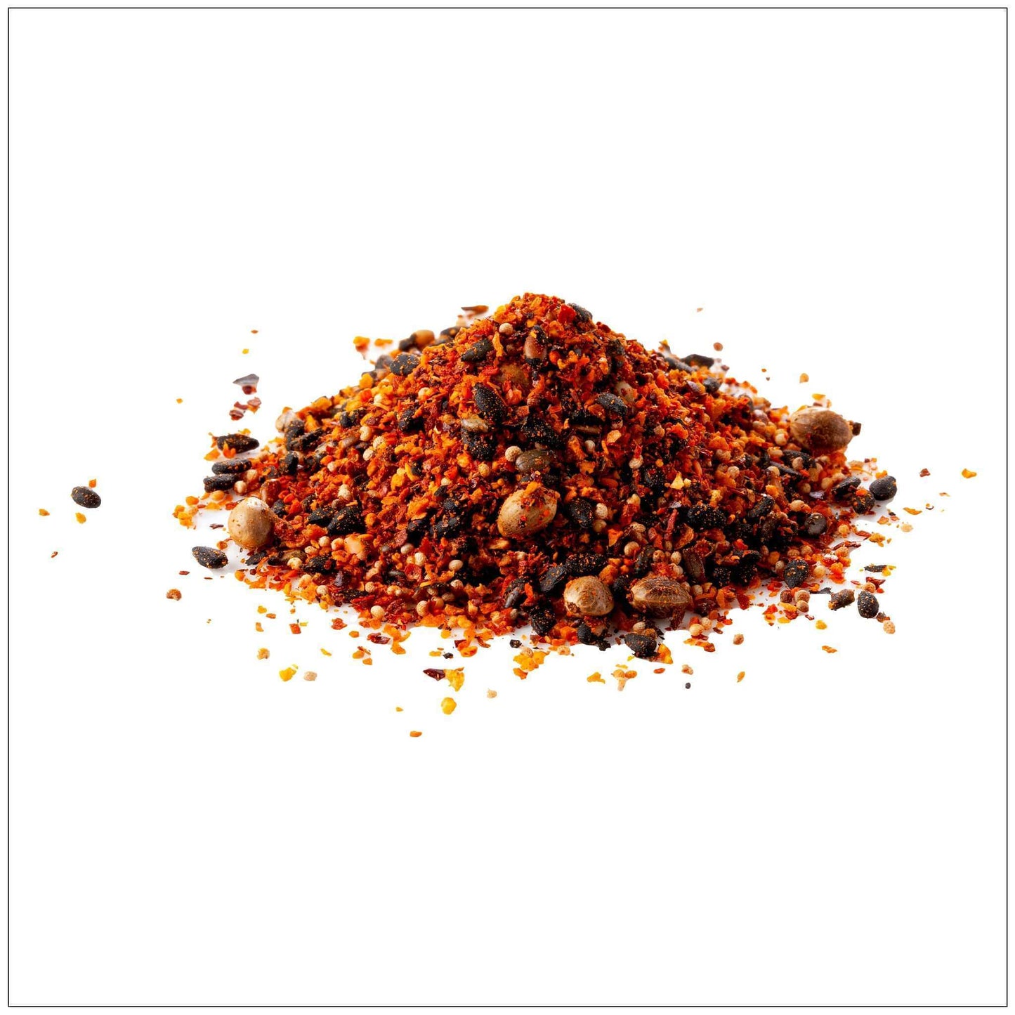 Pile of Arabic seven spices blend with vibrant mixed herbs and whole spices on white background