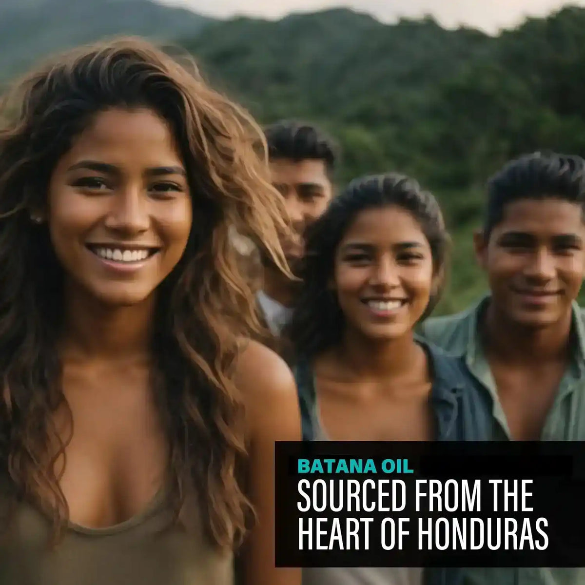 Smiling people in Honduras promoting Hotana Batana Oil for hair care.