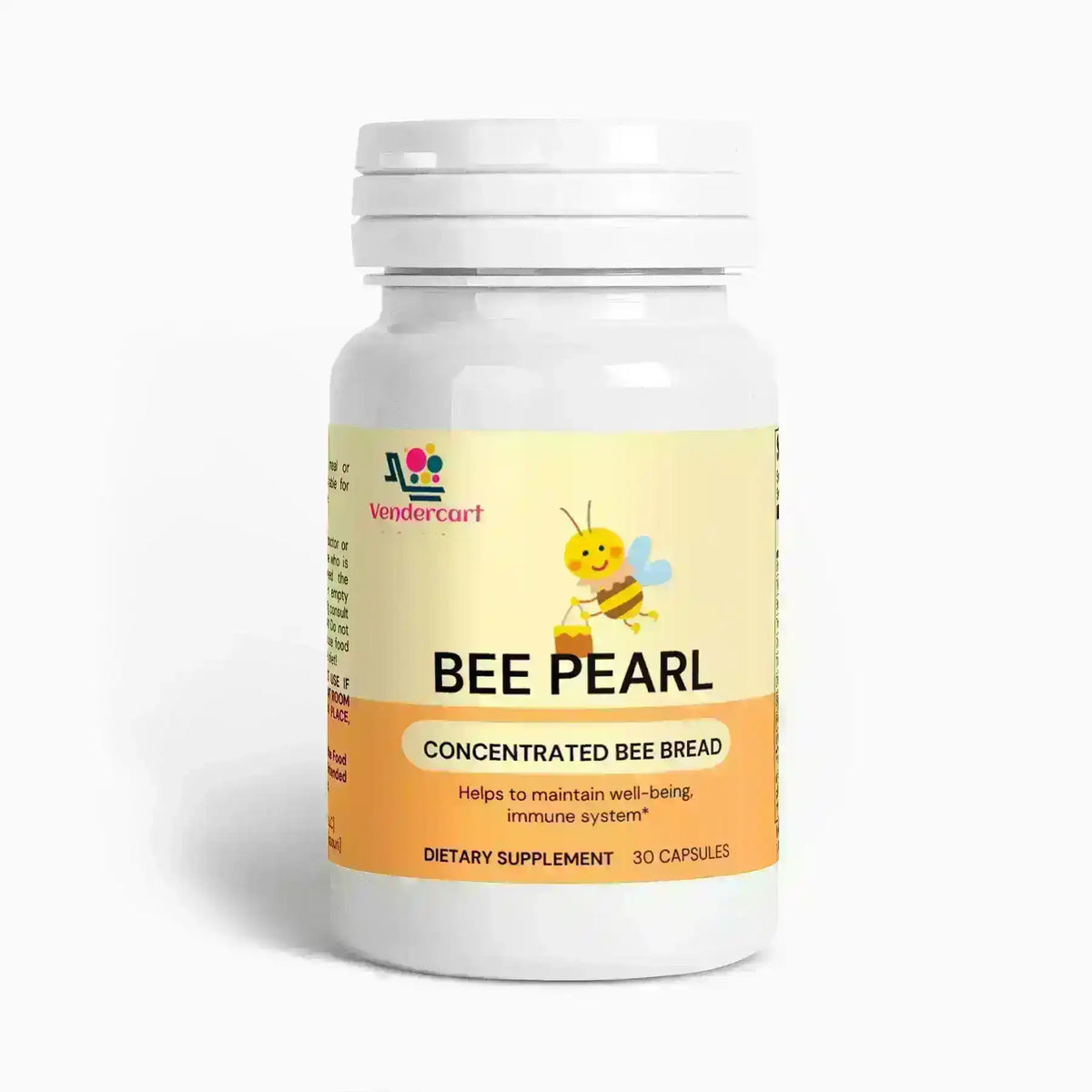 Bee Pearl concentrated bee bread dietary supplement bottle with 30 capsules, white background