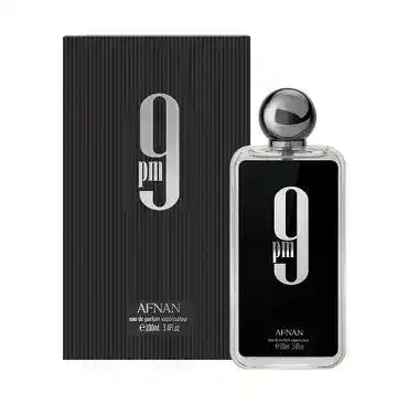 Afnan 9pm Eau de Parfum bottle and box in black with modern silver text.