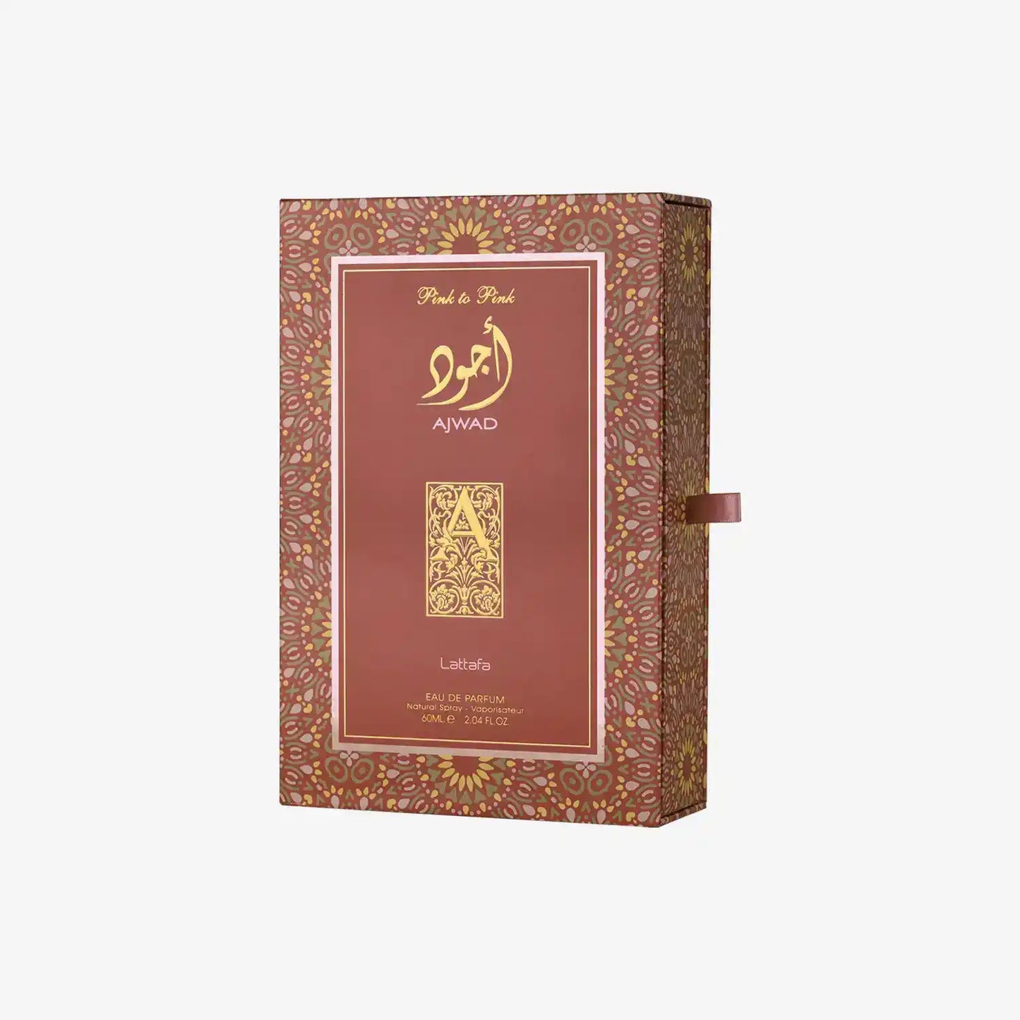 Ajwad Pink to Pink perfume box with gold Arabic script and floral pattern on maroon background