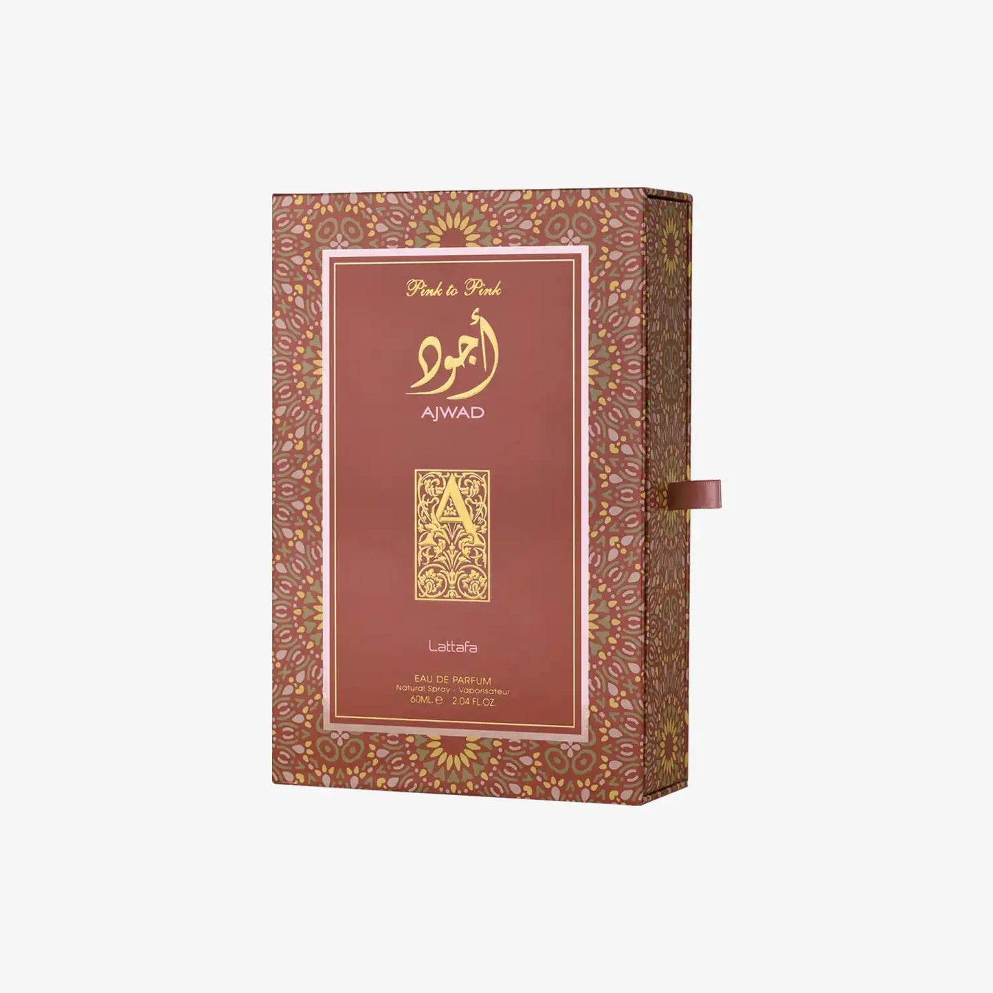 Ajwad Pink to Pink perfume box with gold Arabic script and floral pattern on maroon background