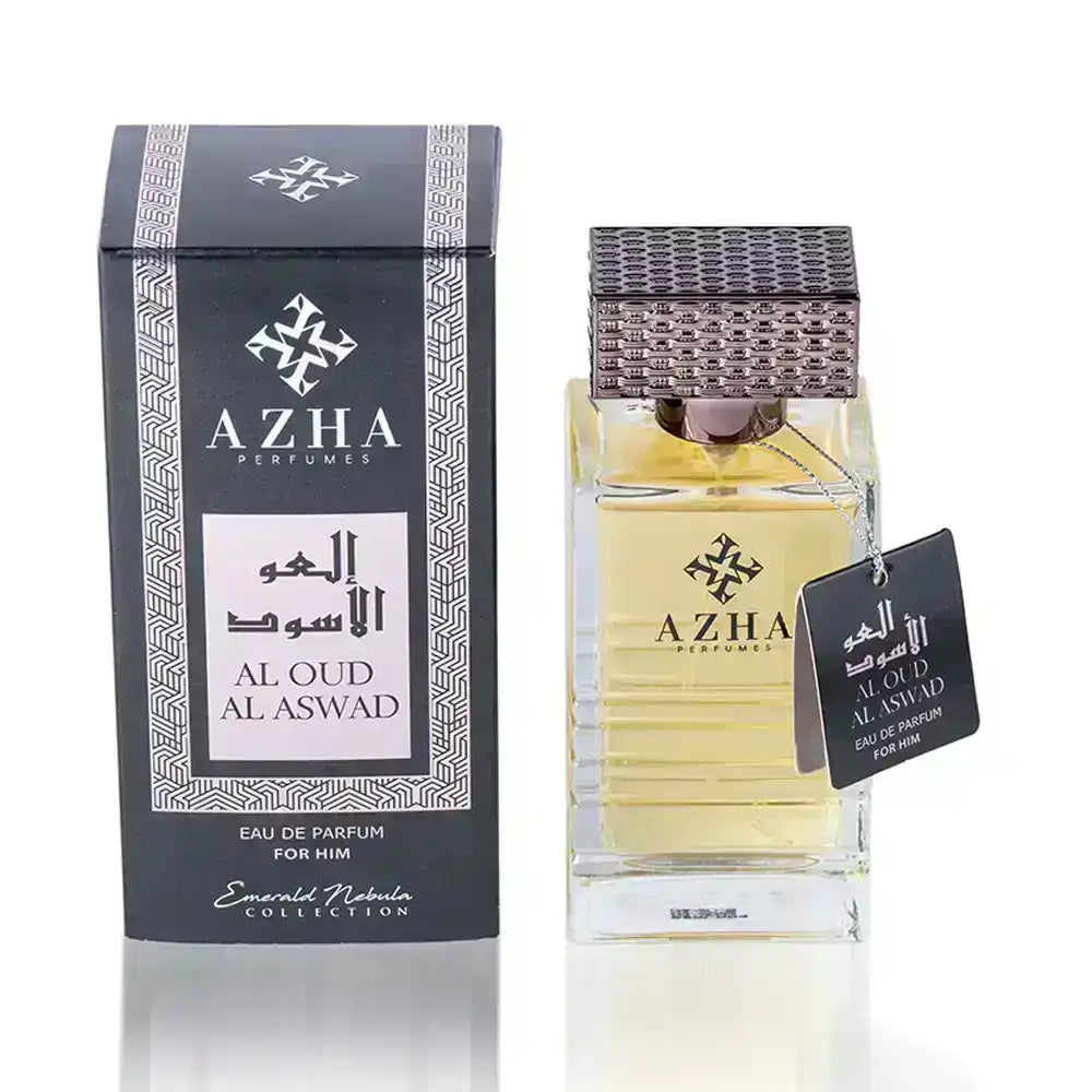 Al Oud Al Aswad perfume bottle and box, Middle Eastern eau de parfum for men
