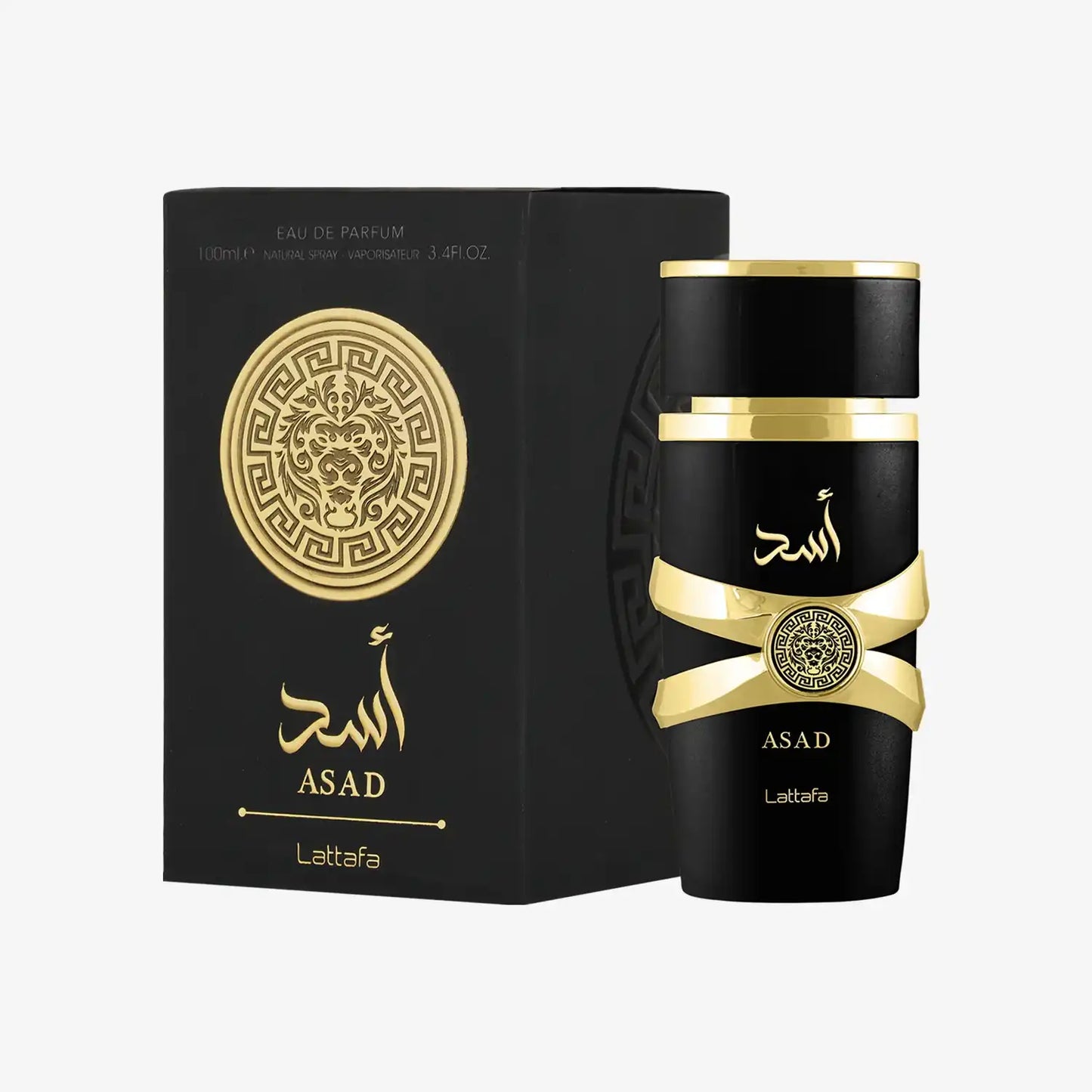 Lattafa Asad Eau de Parfum black and gold bottle with box, luxurious Middle Eastern fragrance