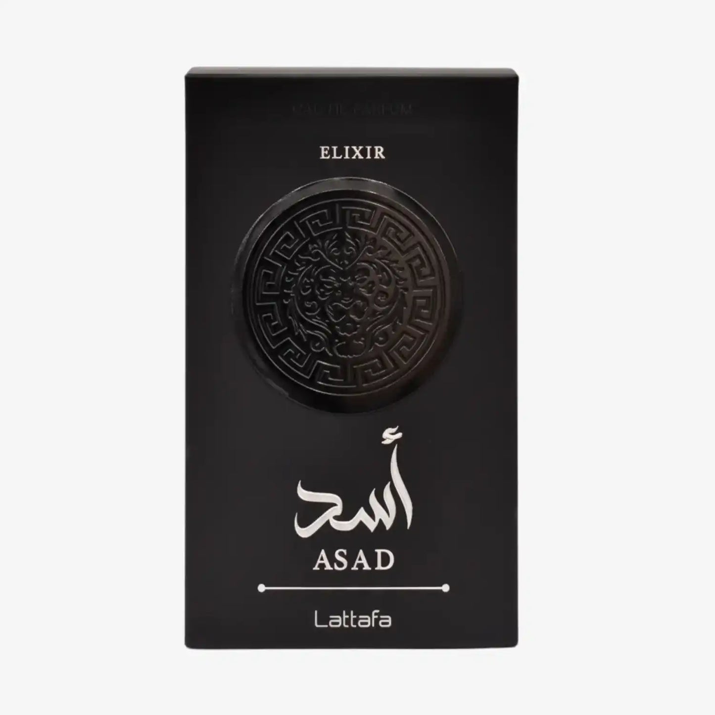 Lattafa Asad Elixir black perfume box with Arabic script and ornate circular pattern