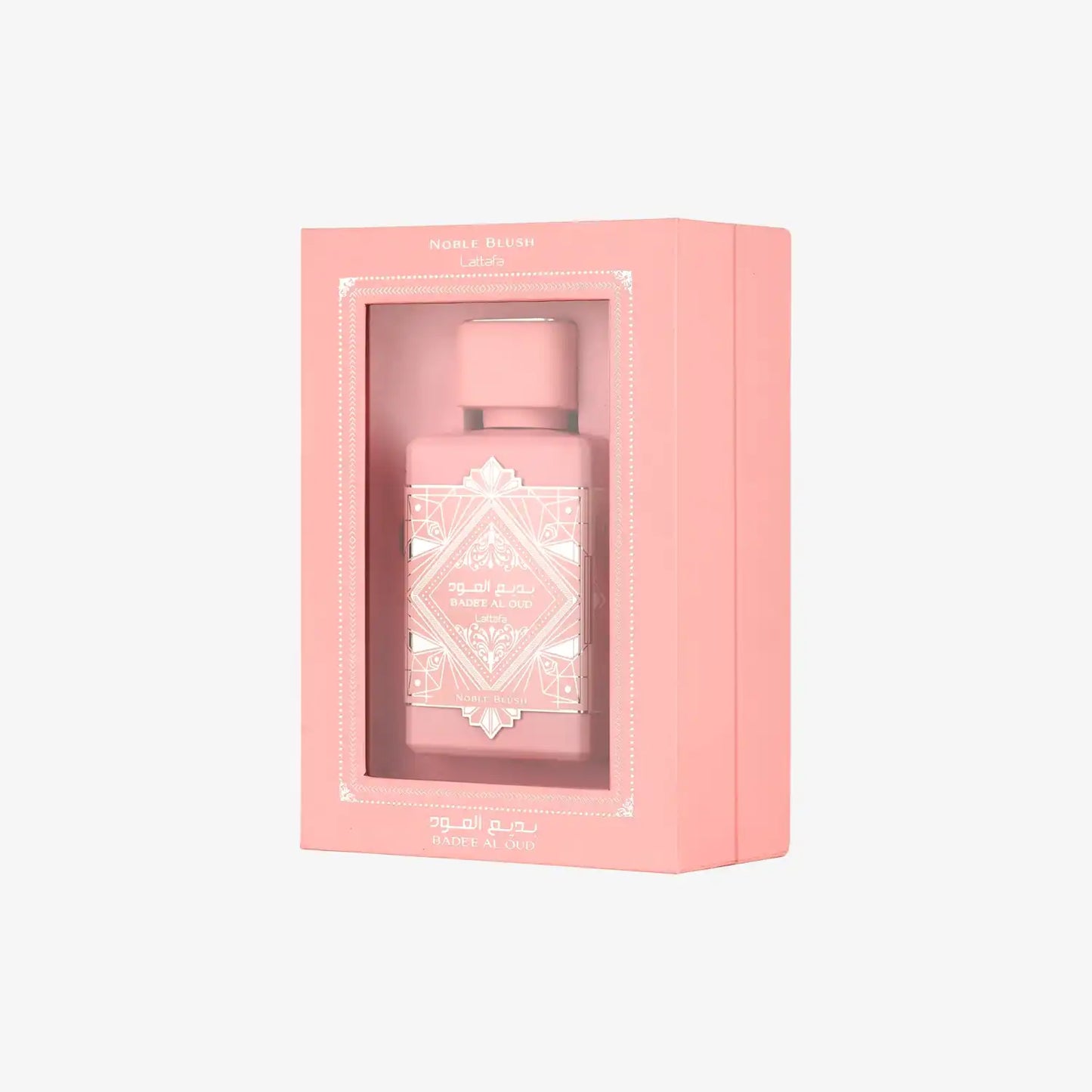 Pink Badee Al Oud Noble Blush fragrance bottle in decorative packaging
