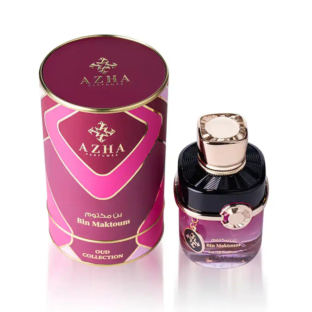 Azha Perfumes Bin Maktoum oud fragrance bottle and pink gold-trimmed packaging
