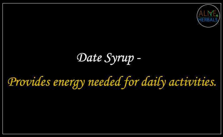 Text on black background stating Date Syrup provides energy needed for daily activities with Alive Herbals logo