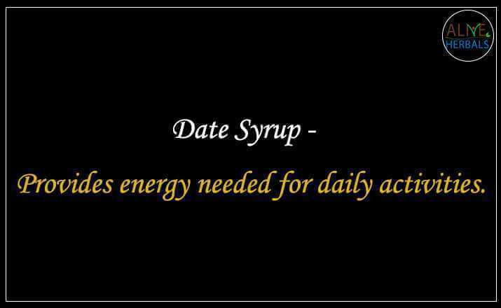 Date syrup health benefits text on black background, highlights energy for daily activities.