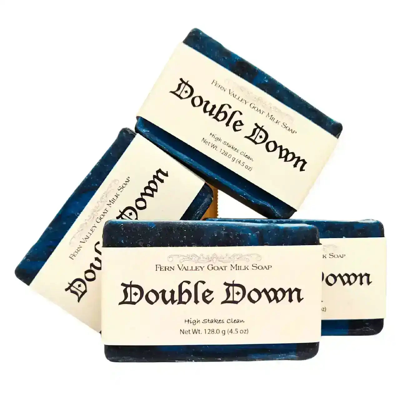 Double Down Fern Valley Goat Milk Soap bars, deep blue with cream labels, natural skincare
