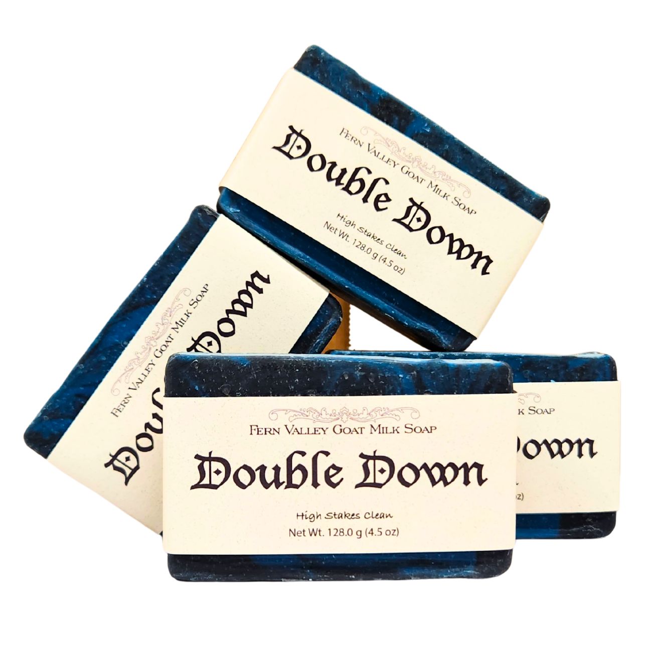 Double Down Fern Valley Goat Milk Soap bars, deep blue with cream labels, natural skincare