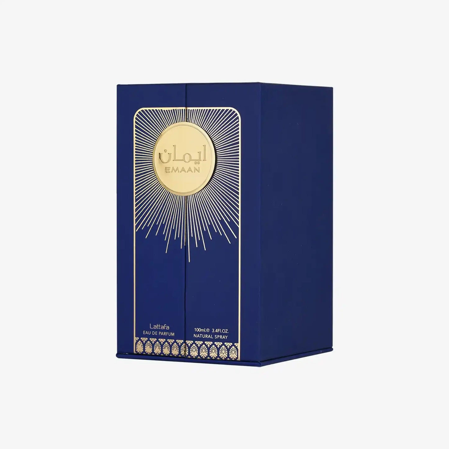 Blue and gold Emaan Eau de Parfum box with Middle Eastern design accents