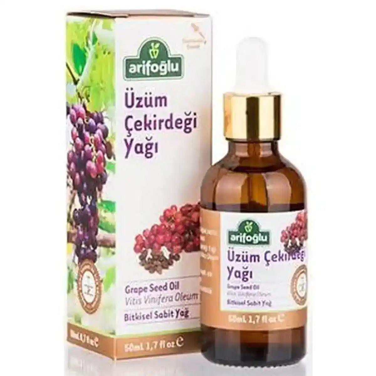 Arifoğlu Grape Seed Oil in amber bottle with dropper, 50ml, alongside packaging featuring grapes.