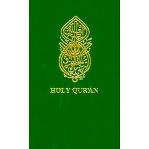 Green Holy Qur'an with gold Arabic calligraphy and ornate design, Middle Eastern cultural product