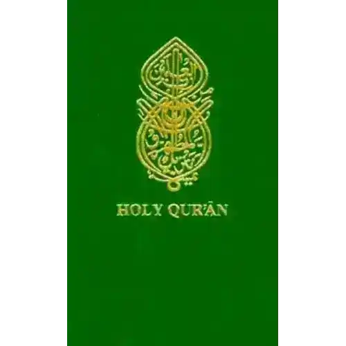 Green Holy Qur'an with gold Arabic calligraphy and ornate design, Middle Eastern cultural product