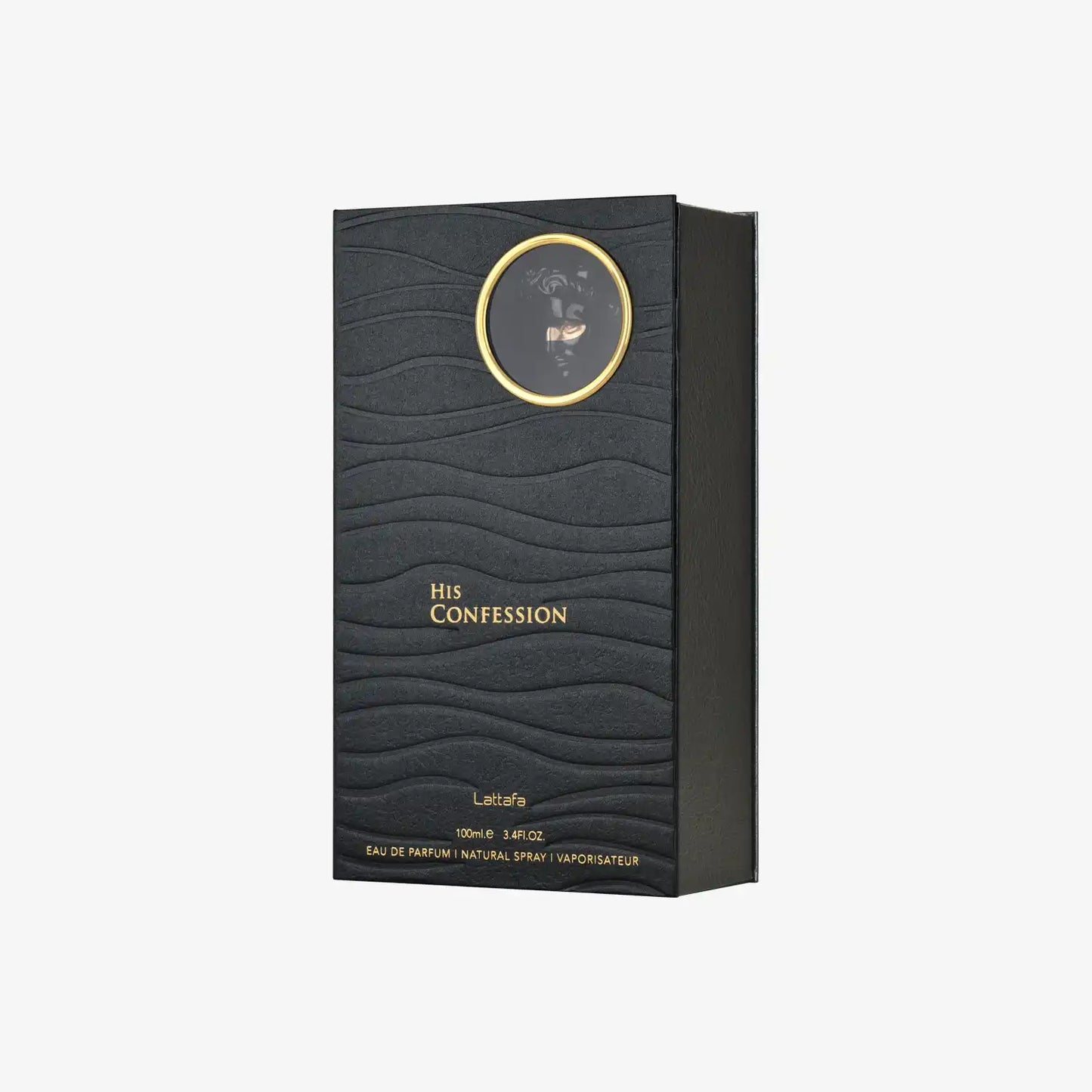 Lattafa His Confession eau de parfum black textured box with gold accents, 100ml
