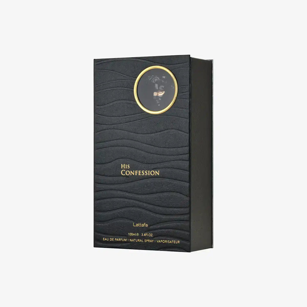 Lattafa His Confession eau de parfum black textured box with gold accents, 100ml
