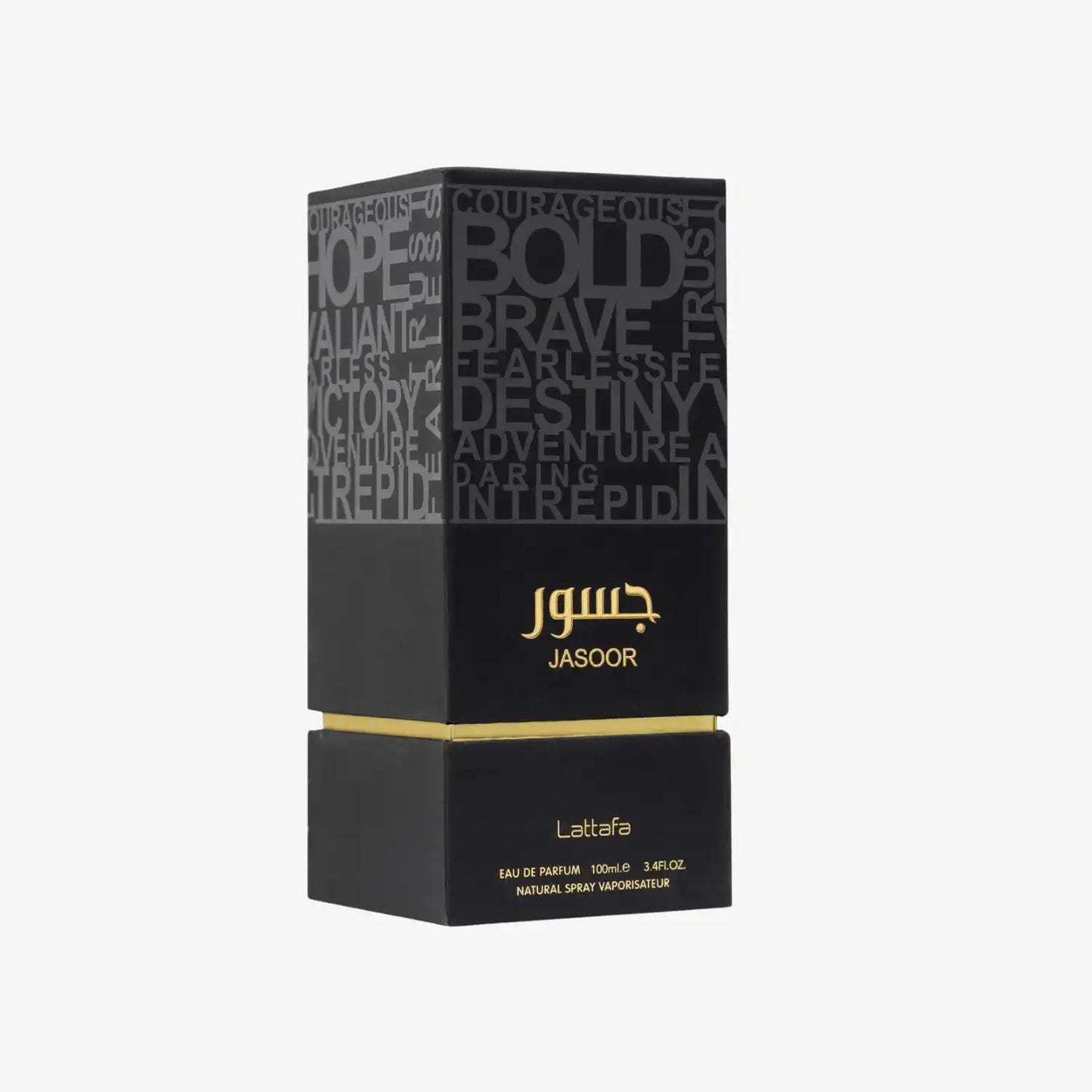 Lattafa Jasoor Eau de Parfum box with bold lettering and gold accents, 100ml fragrance packaging