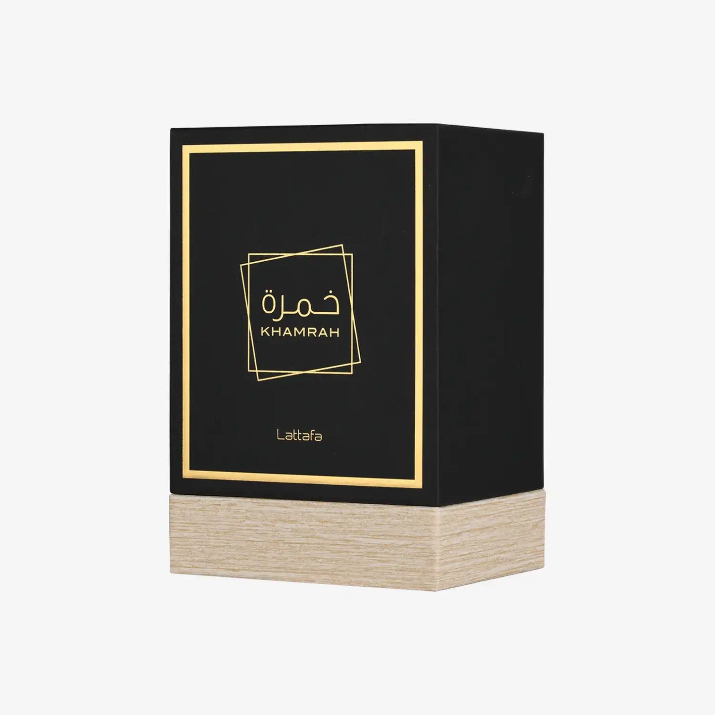 Lattafa Khamrah perfume box with gold accents and modern black packaging
