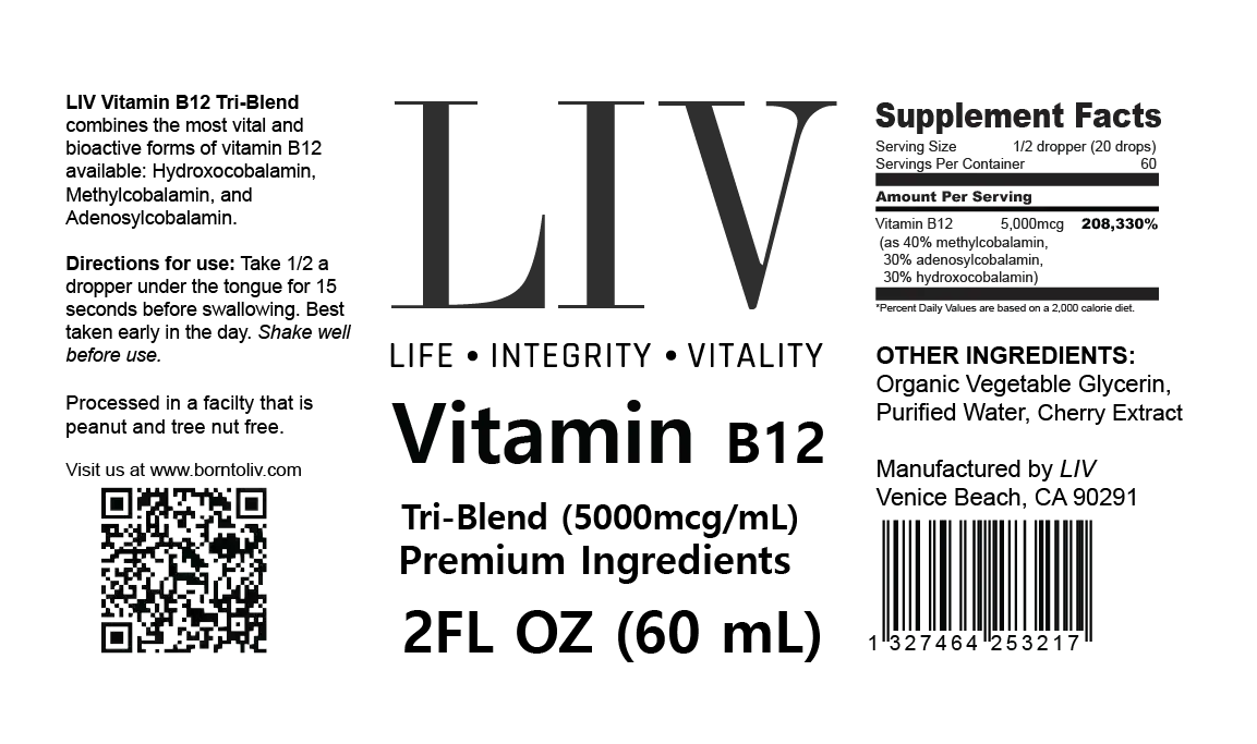 Vitamin B12 liquid supplement label with dosage instructions, ingredients, and QR code.