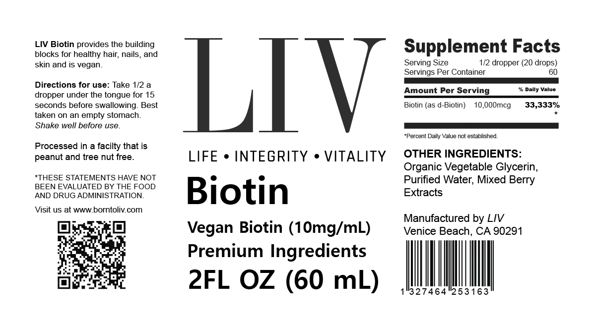LIV Biotin supplement label with ingredient details, product information, and QR code.