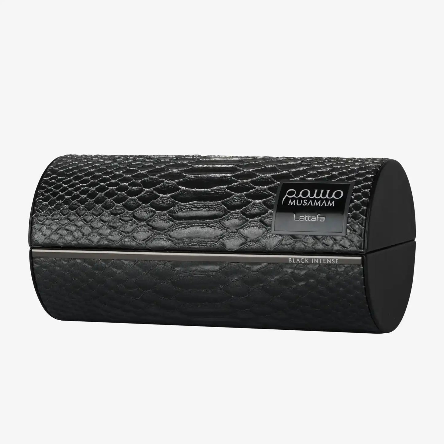 Lattafa Musamam Black Intense EDP 100ml spray in textured black serpentine box