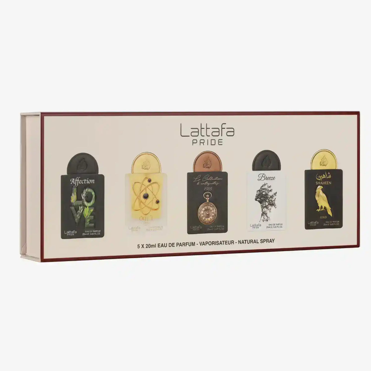 Lattafa Pride gift set with five assorted 20ml eau de parfum bottles in decorative packaging